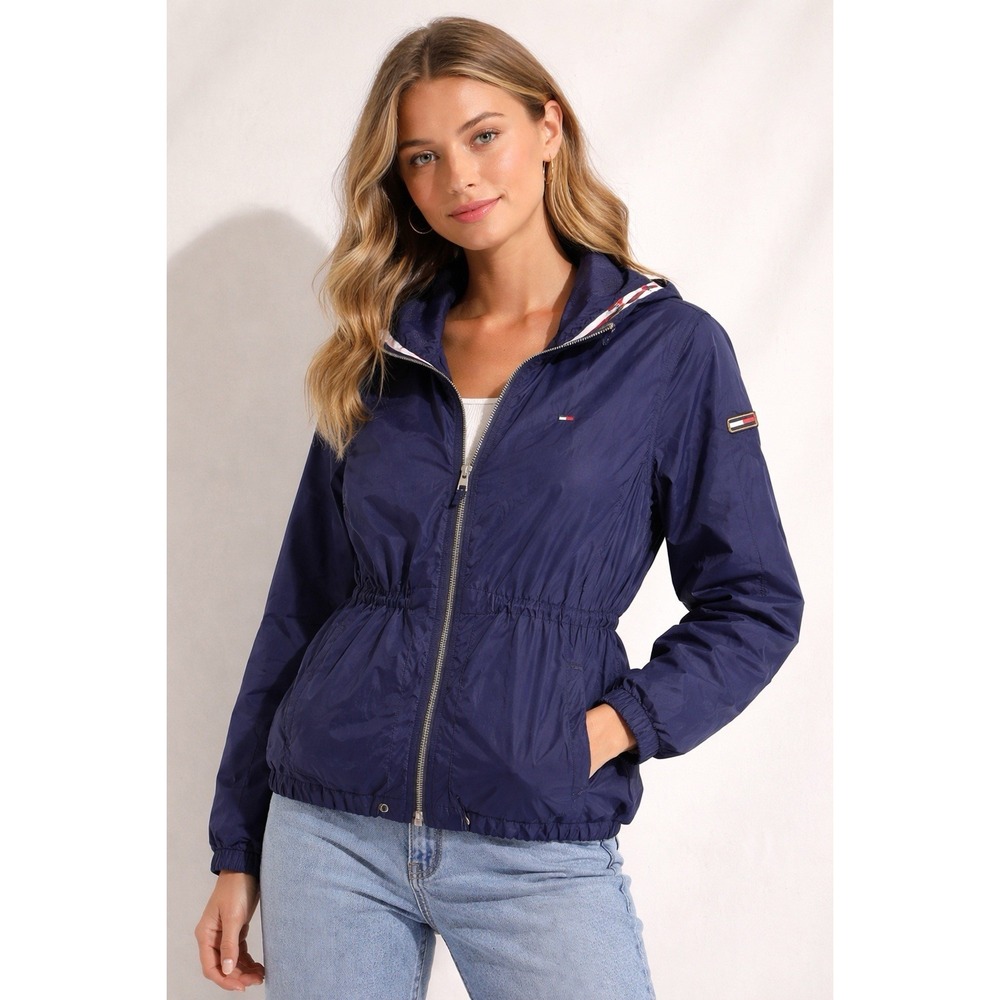 Tommy Hilfiger Jacket Women's S Blue Hooded Lightweight Zip Casual Windbreaker